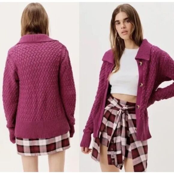 NWT $161 For Love And Lemons Florence Cable Knit Oversized Cardigan Fuchsia XXS - Picture 5 of 5